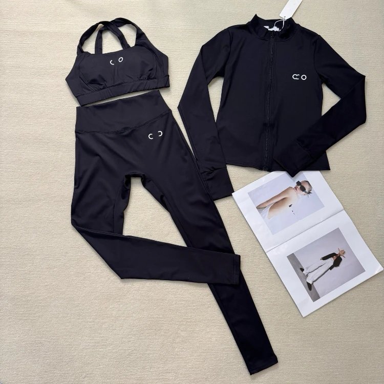 Unbranded Matching Sets Three-Piece Zip-Up Activewear Set with Sports Bra and Leggings — Black