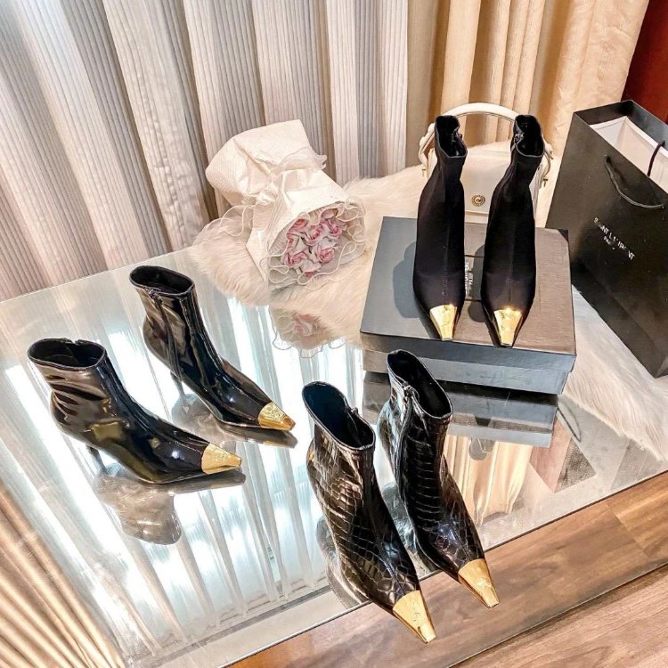 Metal Gold Cap Patent & Crocodile Embossed Leather Side Zip Stiletto Ankle Boots-5722