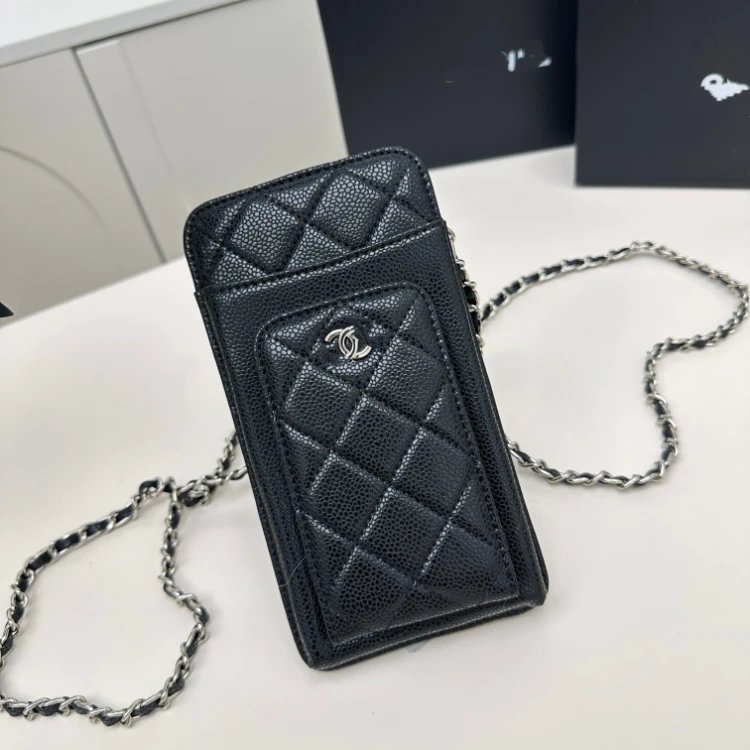 Chanel Phone Holder Case Black Quilted Caviar Leather Chain Crossbody Crossbody Bags