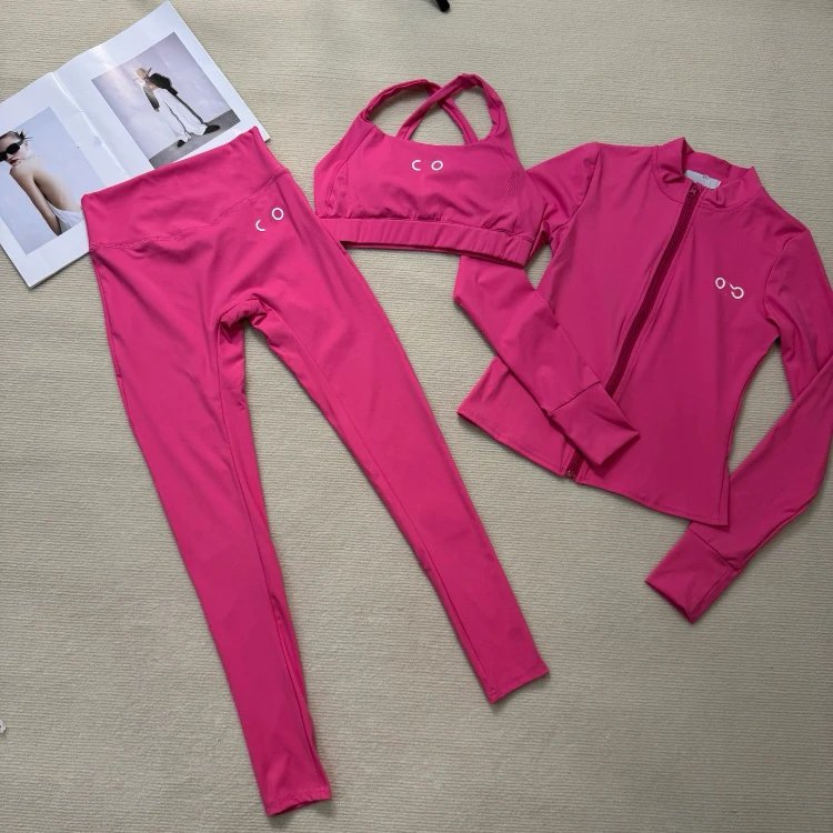 Unbranded Matching Sets Three-Piece Zip-Up Activewear Set with Sports Bra and Leggings — Rose red