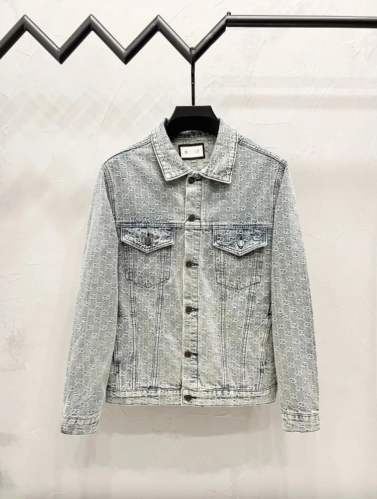 Unbranded Jackets Button-Front Denim Jacket with Monogram-Style Print — SKU-01-A1 Blue Full Print Jacquard (Ancient Home)