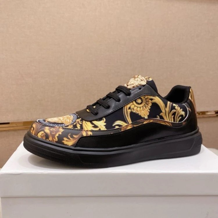 Versace Gold Medusa Baroque Print Mixed Leather Low Top Platform Skate Sneakers-5766