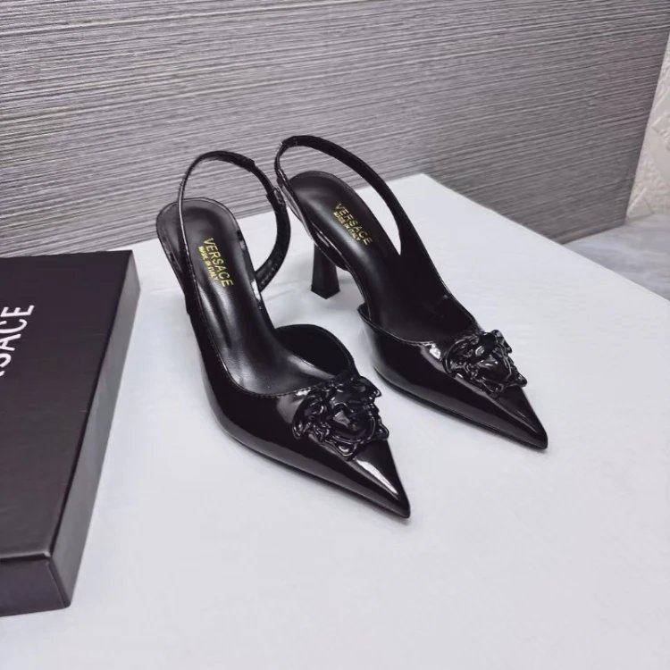 Versace High Heels Pointed-Toe Medusa Slingback Pumps — Black