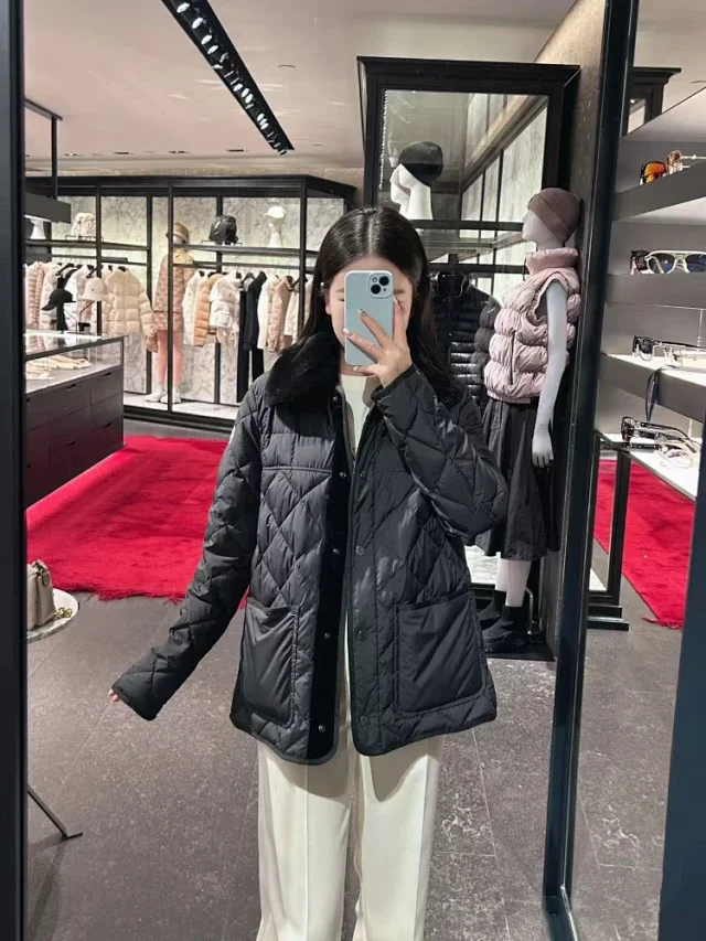 Unbranded Down Jackets Quilted belted jacket with faux-fur collar and patch pockets product detail image 4