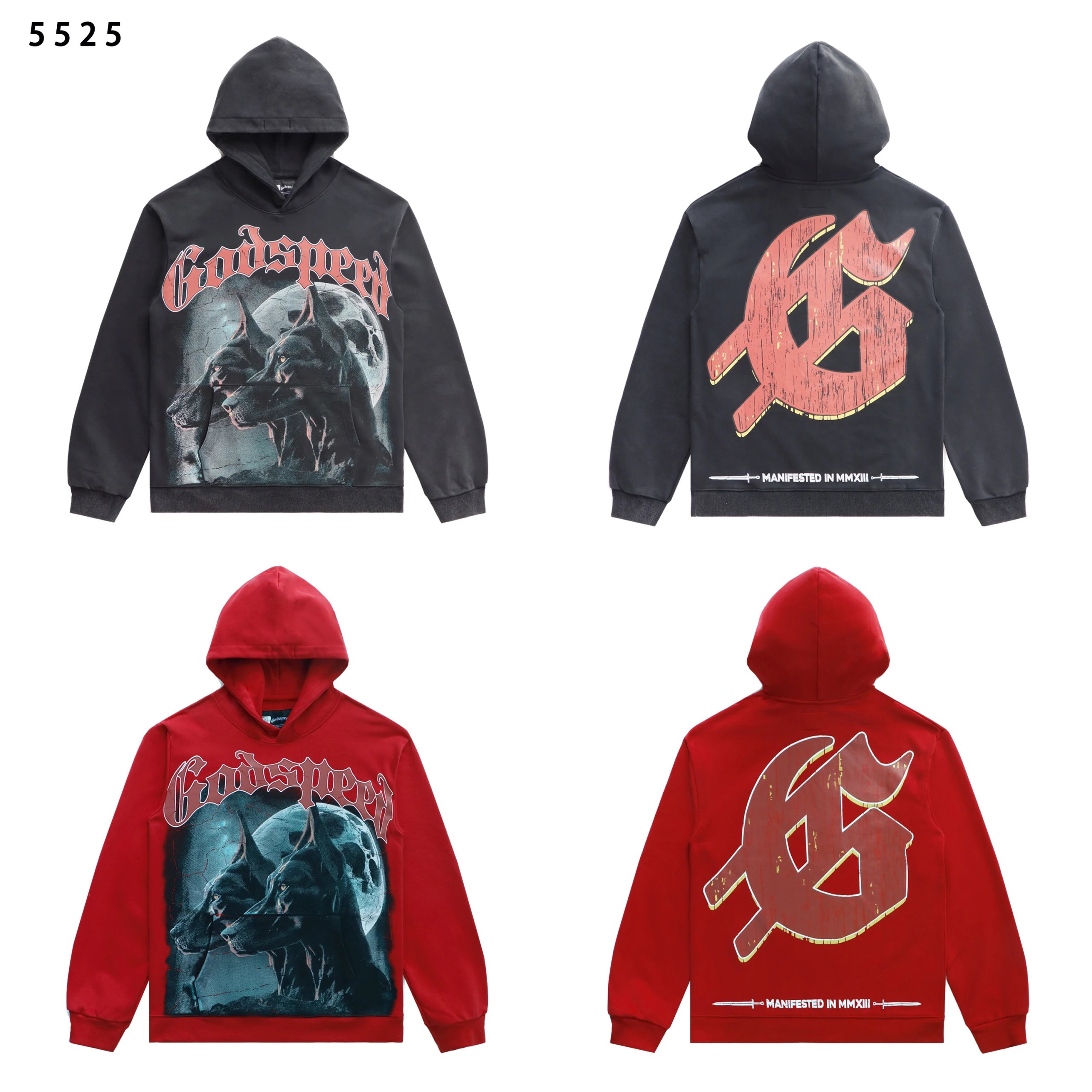 Godspeed Dog Head Print Washed Loose Hoodie