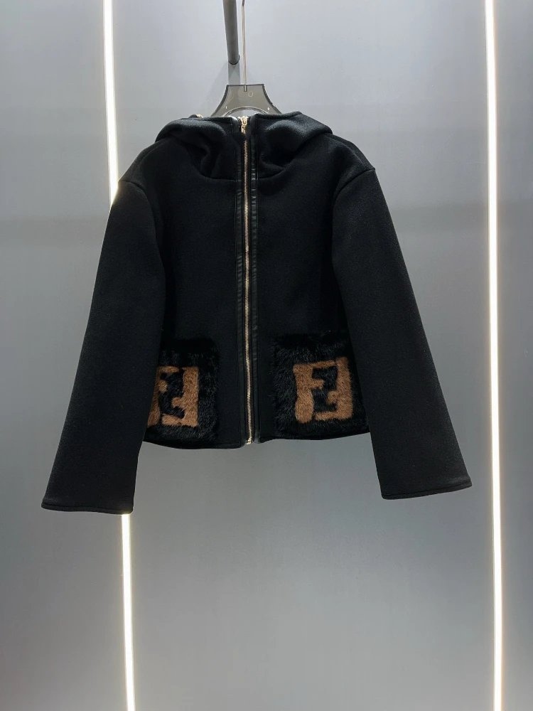 Fendi Jackets Hooded zip-front jacket with FF motif faux-fur patch pockets — Black