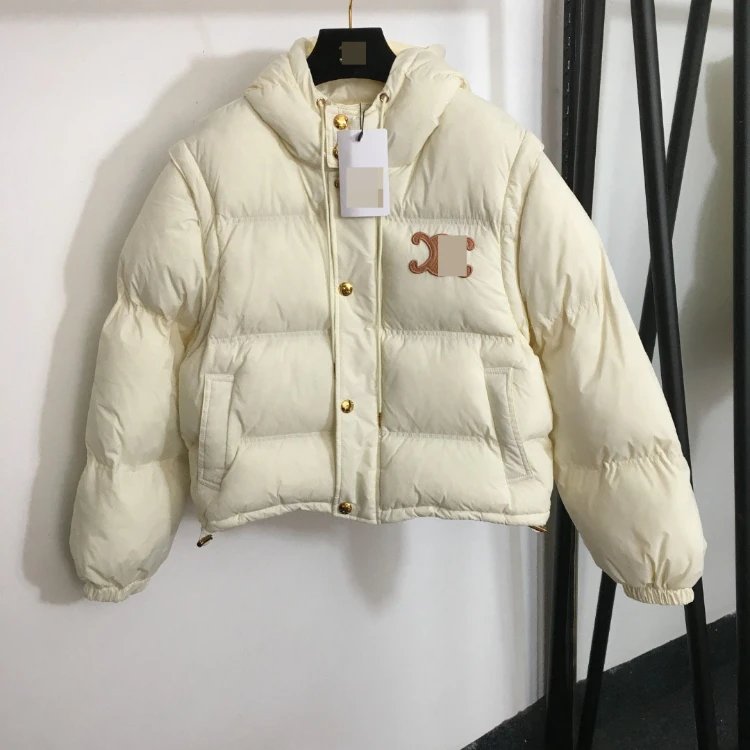 CELINE Down Jackets Hooded cropped puffer jacket with Triomphe logo patch — Off-white