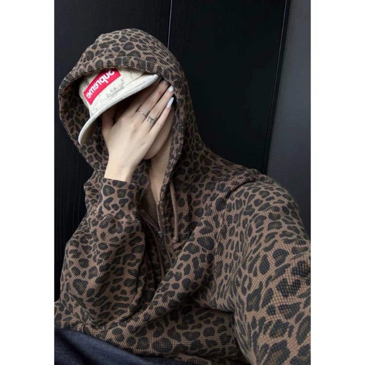 Sup豹纹华夫格连帽外套拉链开衫卫衣帽衫-5898Supreme Hooded Zip Up Thermal Leopard