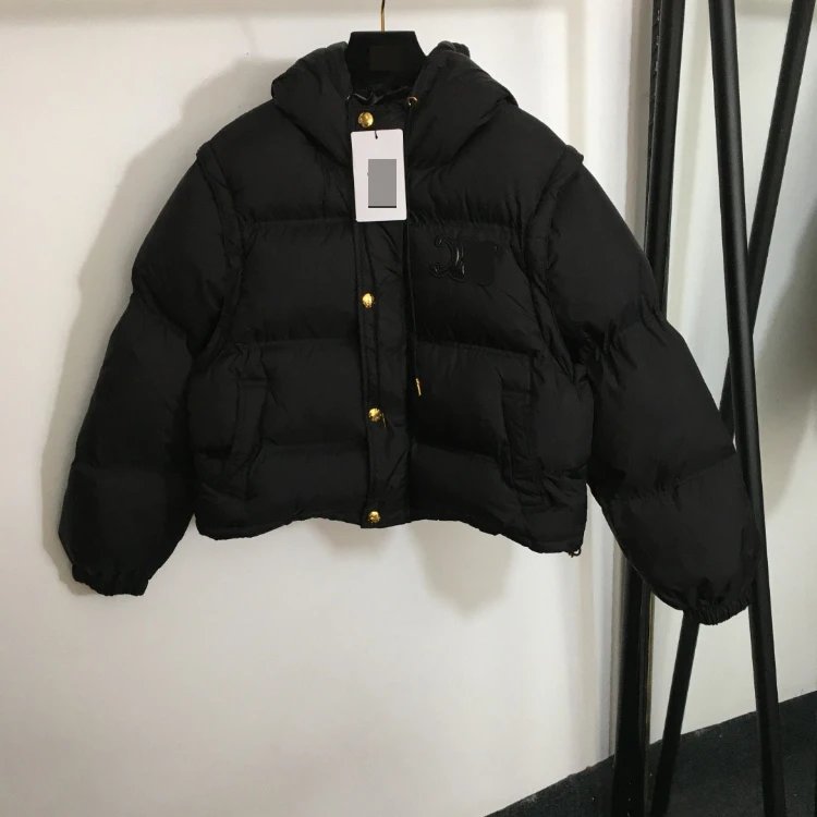 CELINE Down Jackets Hooded cropped puffer jacket with Triomphe logo patch — Black
