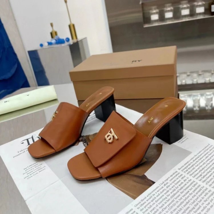 Burberry High Heels TB Monogram Block-Heel Mules — SKU-04-Light Brown