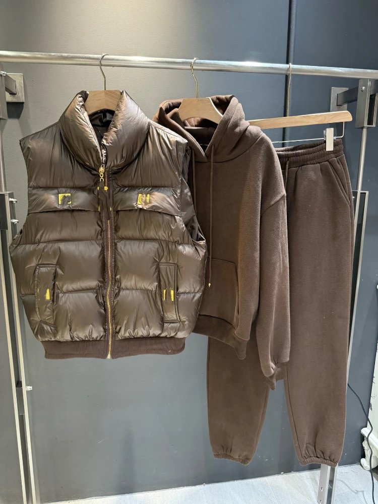 Schiaparelli Matching Sets Three-Piece Puffer Vest, Hoodie and Jogger Set — Coffee color