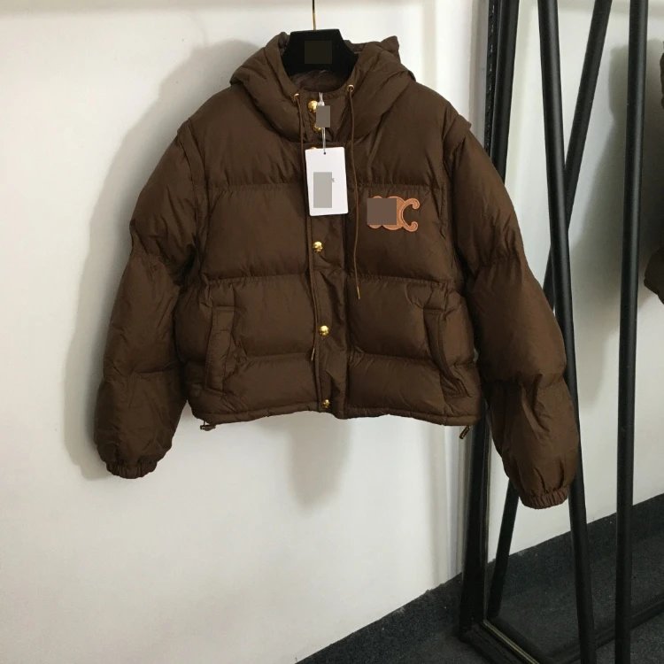 CELINE Down Jackets Hooded cropped puffer jacket with Triomphe logo patch — Coffee color