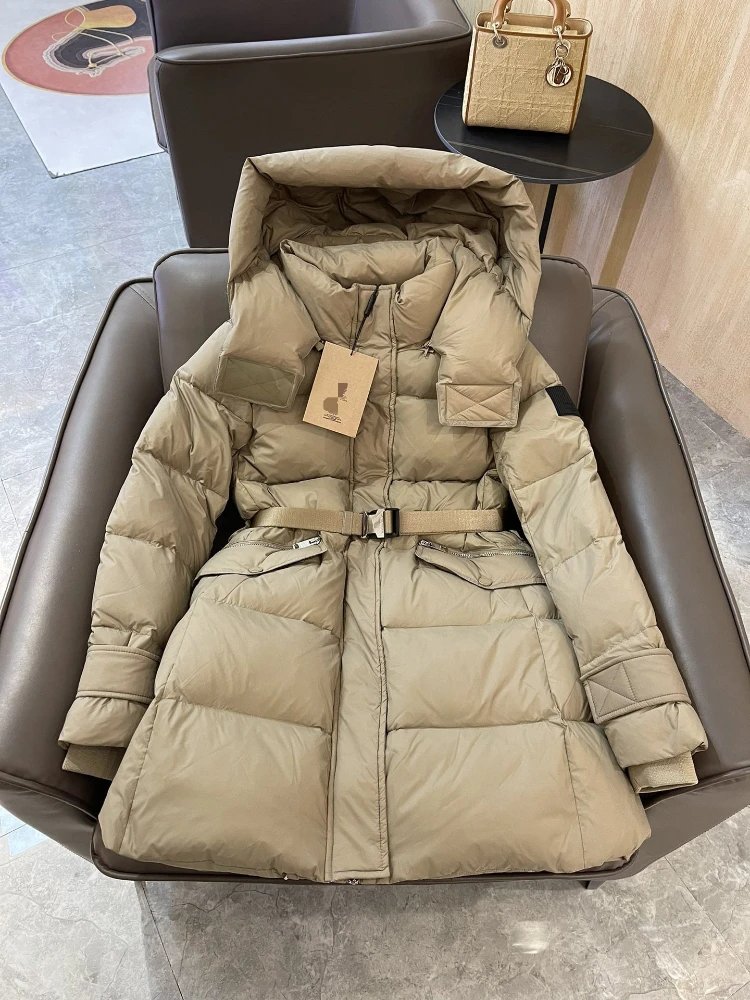 Unbranded Down Jackets Hooded Belted Long Puffer Jacket — Khaki