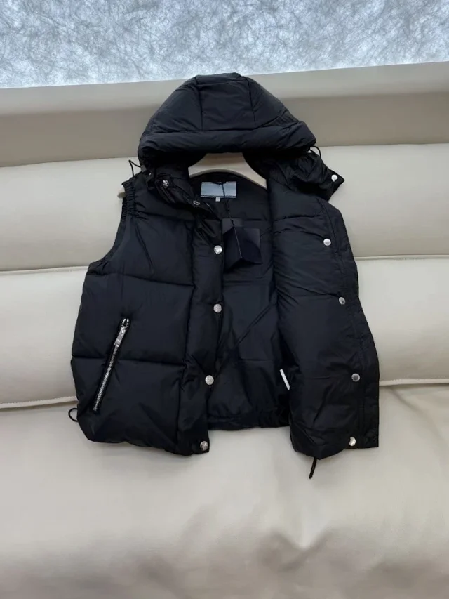 Unbranded Vests Hooded quilted puffer vest with flap chest pocket and buckle strap product detail image 3