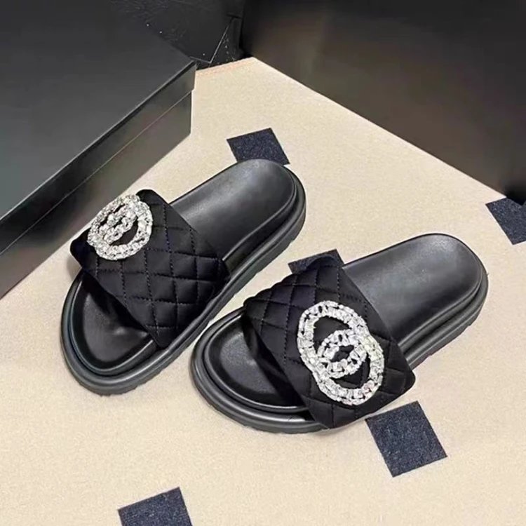Chanel Sandals Quilted rhinestone double-C slide — SKU-01-Black