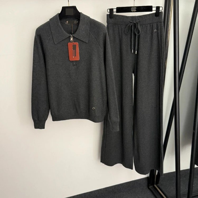 Unbranded Matching Sets 5406 collared half-zip knit top and drawstring wide-leg trousers — Grey