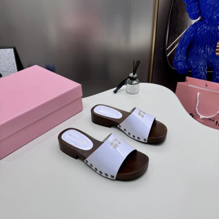 Miu Sandals Wooden Sole Studded Slide — SKU-05-White