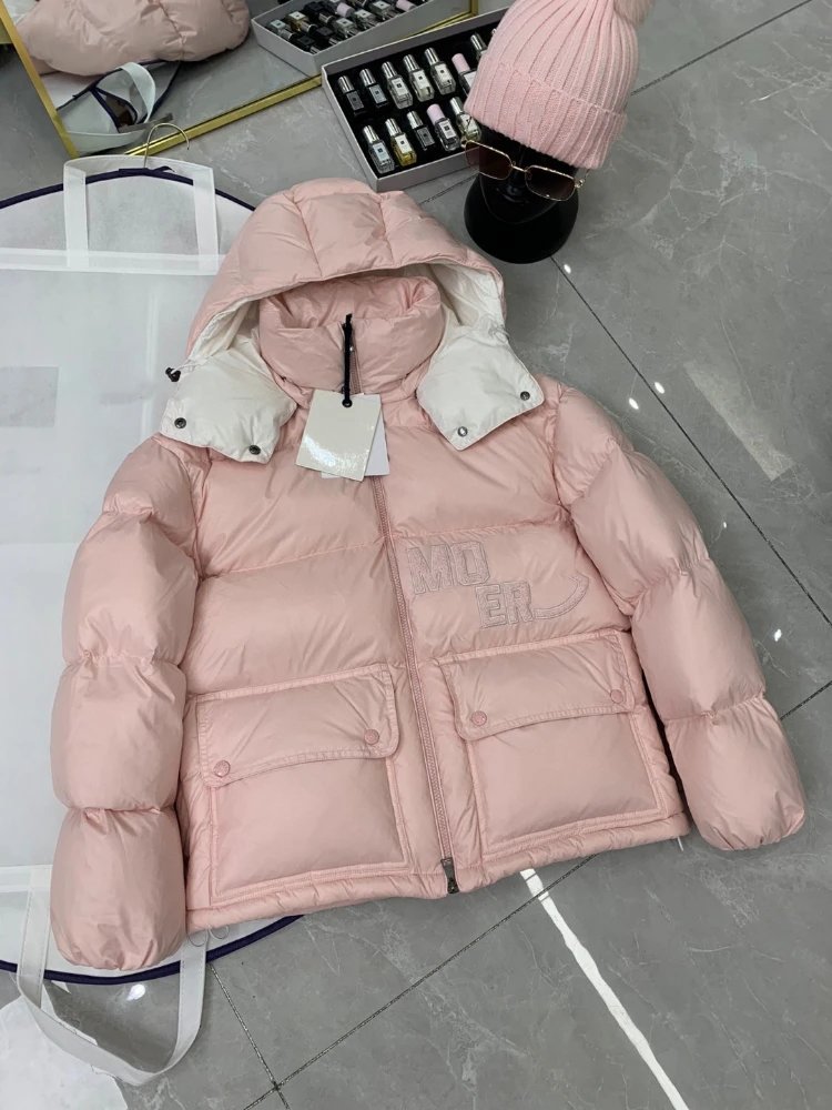 Unbranded Down Jackets Short Hooded Puffer Jacket with Flap Pockets — SKU-02-Pink without dust bag