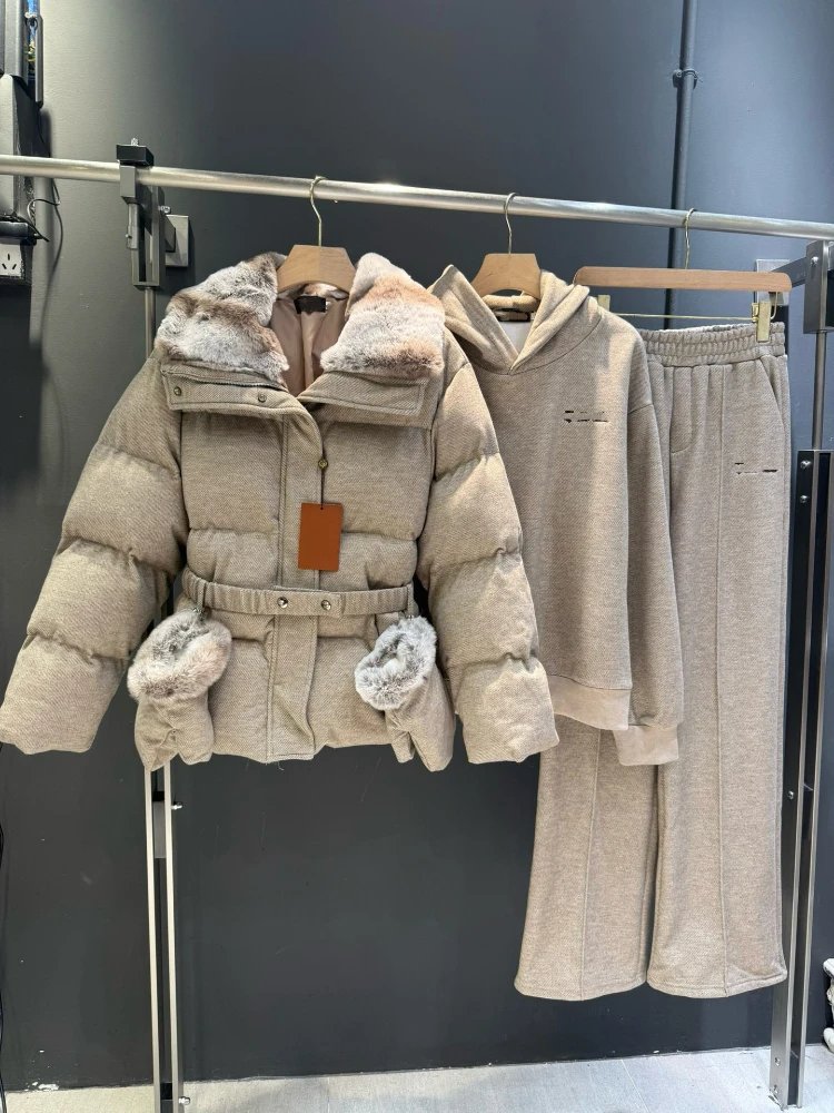 NYPY Matching Sets 5382 fur-trimmed belted puffer jacket, hooded top and wide-leg trousers set — Khaki