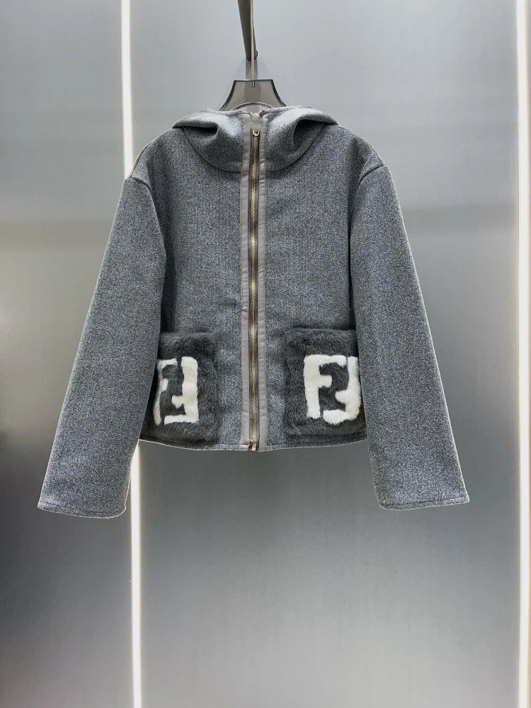 Fendi Jackets Hooded zip-front jacket with FF motif faux-fur patch pockets — gray