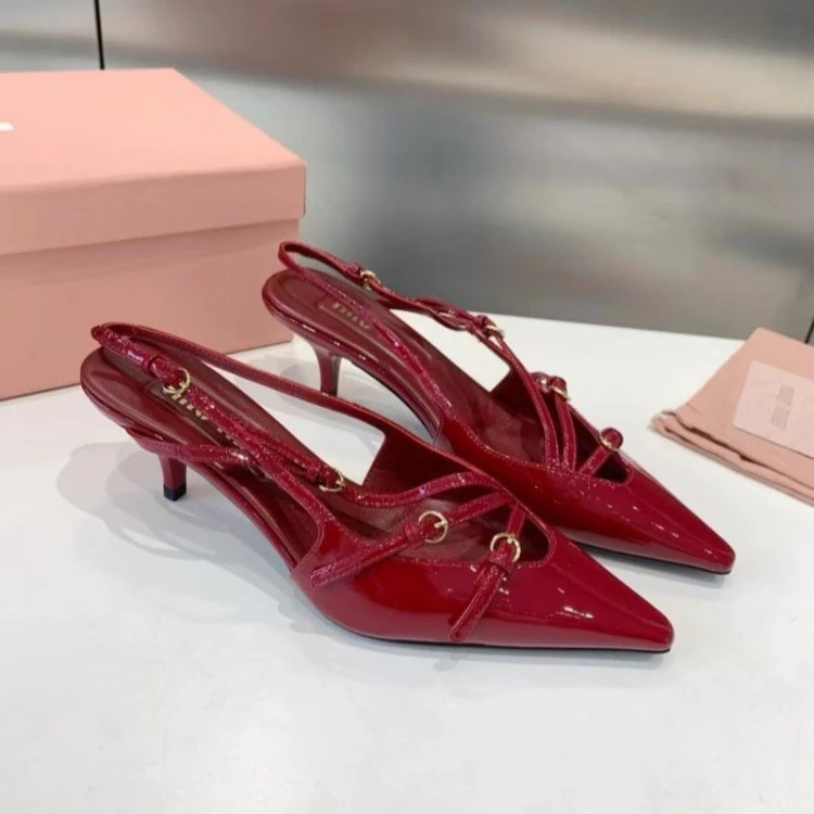 Miu High Heels Pointed-Toe Strappy Slingback Pumps — SKU-03-Wine Red 6cm
