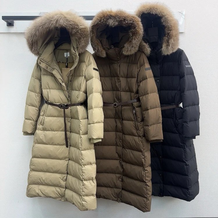 Long Belted Fur Hood Quilted Down Coat