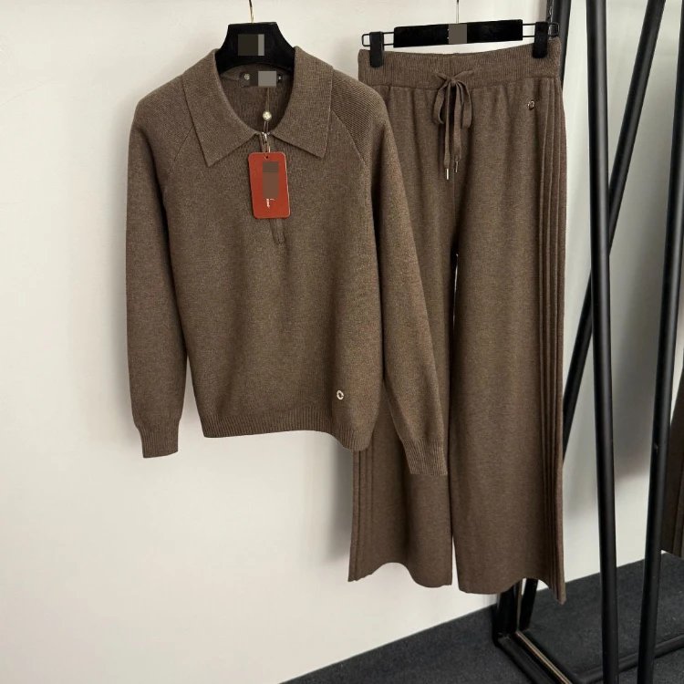 Unbranded Matching Sets 5406 collared half-zip knit top and drawstring wide-leg trousers — Brown