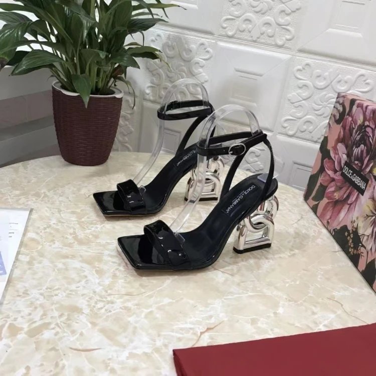 Dolce & Gabbana High Heels Square-Toe Ankle-Strap Sandals with Sculptural Logo — 12