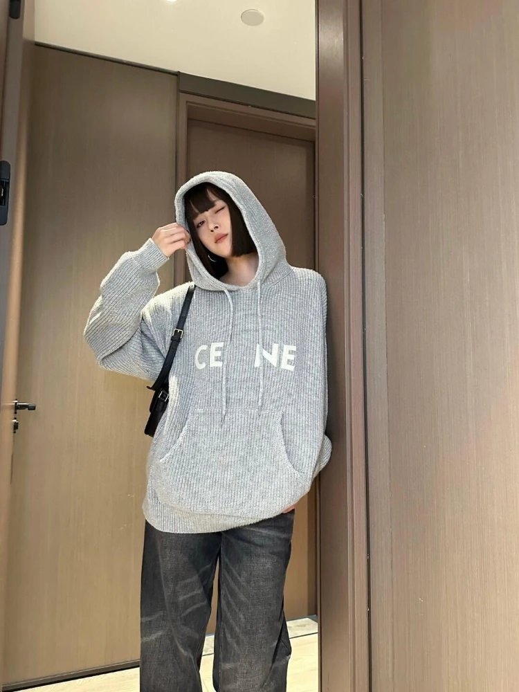 Celine Logo Hoodie Gray Knit Hoodie - 6