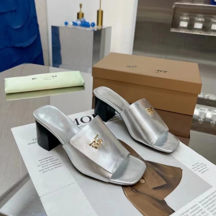 Burberry High Heels TB Monogram Block-Heel Mules — SKU-06-Silver