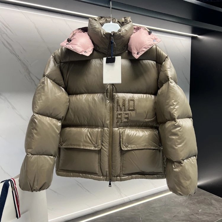 Unbranded Down Jackets Short Hooded Puffer Jacket with Flap Pockets — SKU-03-Khaki, no dust bag