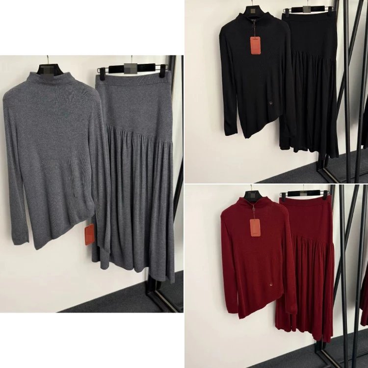Asymmetrical High-Neck Knit Sweater & Pleated Skirt Set - 004386