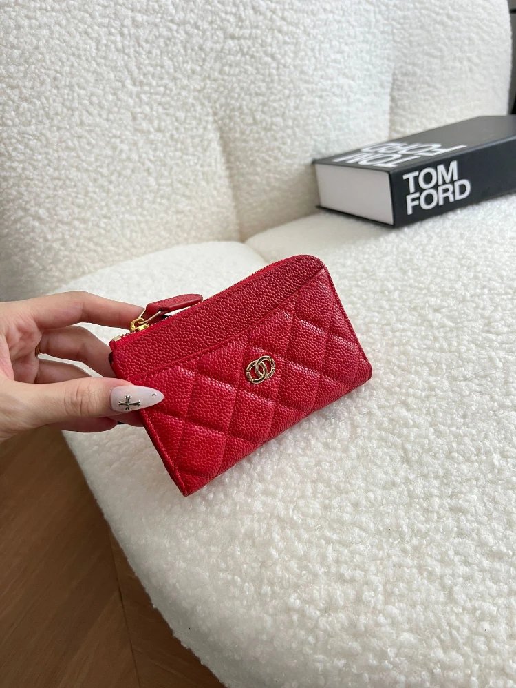 Chanel Mini Wallet On Chain Red Caviar Leather Card Holder