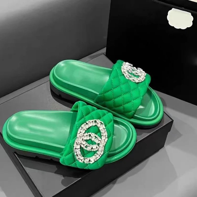 Chanel Sandals Quilted rhinestone double-C slide — SKU-08-Green