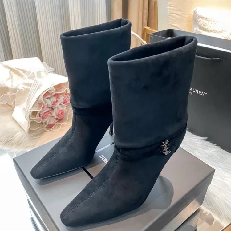 Saint Laurent Boots Mid-Calf Pointed-Toe with YSL Logo Buckle — Suede black