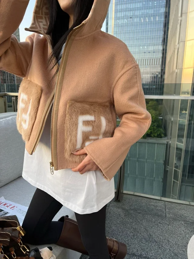 Fendi Jackets Hooded zip-front jacket with FF motif faux-fur patch pockets product detail image 2