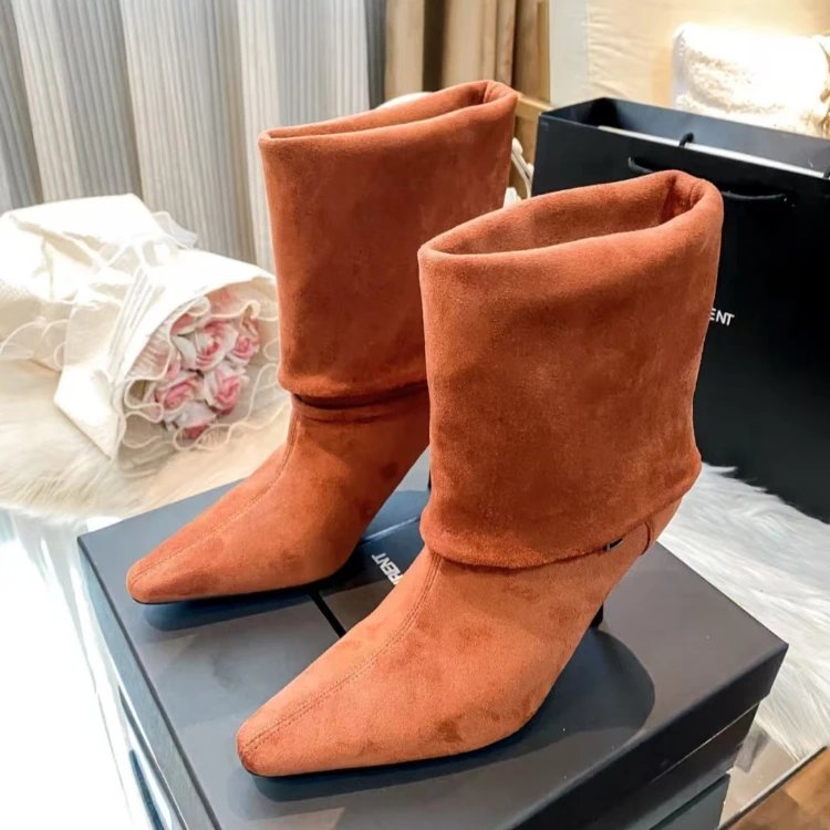 Saint Laurent Boots Mid-Calf Pointed-Toe with YSL Logo Buckle — Tangerine red
