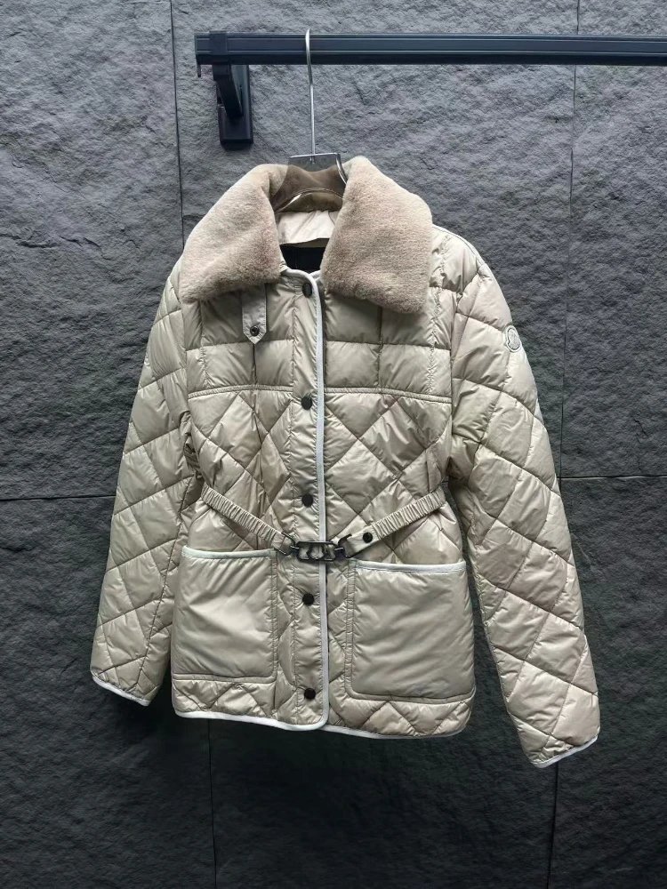 Unbranded Down Jackets Quilted belted jacket with faux-fur collar and patch pockets — Khaki