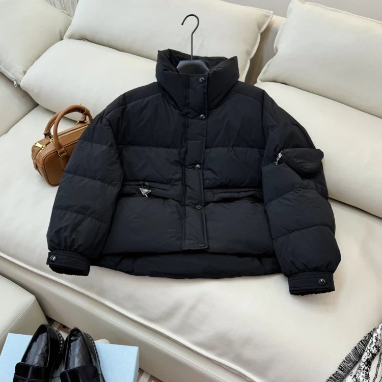 Unbranded Down Jackets AH609 Short Puffer Jacket with Stand Collar and Sleeve Pocket — Black