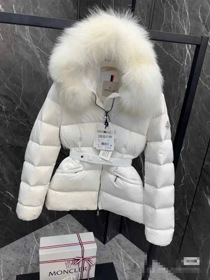 Moncler Down Jackets Fur-Trim Hooded Belted Puffer Jacket — white