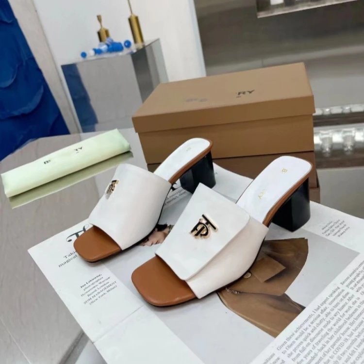 Burberry High Heels TB Monogram Block-Heel Mules — SKU-02-White and Brown