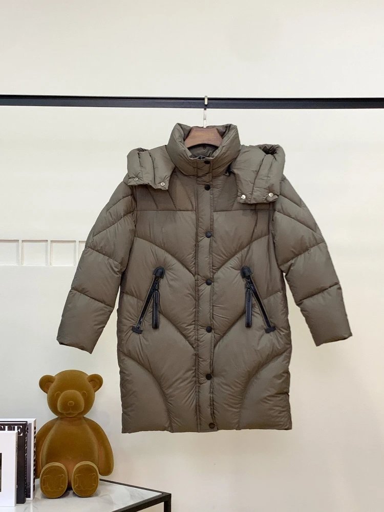Unbranded Down Jackets Mid-Length Hooded Puffer with Chevron Quilting and Zip Pockets — Coffee color