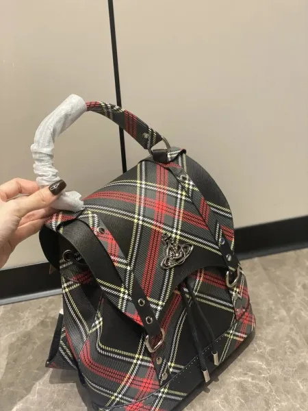 Vivienne Westwood Tartan Plaid Backpack with Orb Buckle Black Red Multicolor - 4