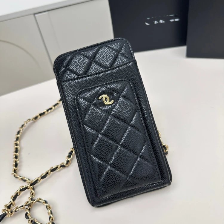 Chanel Phone Holder Case Black Quilted Caviar Leather Chain Crossbody Crossbody Bags