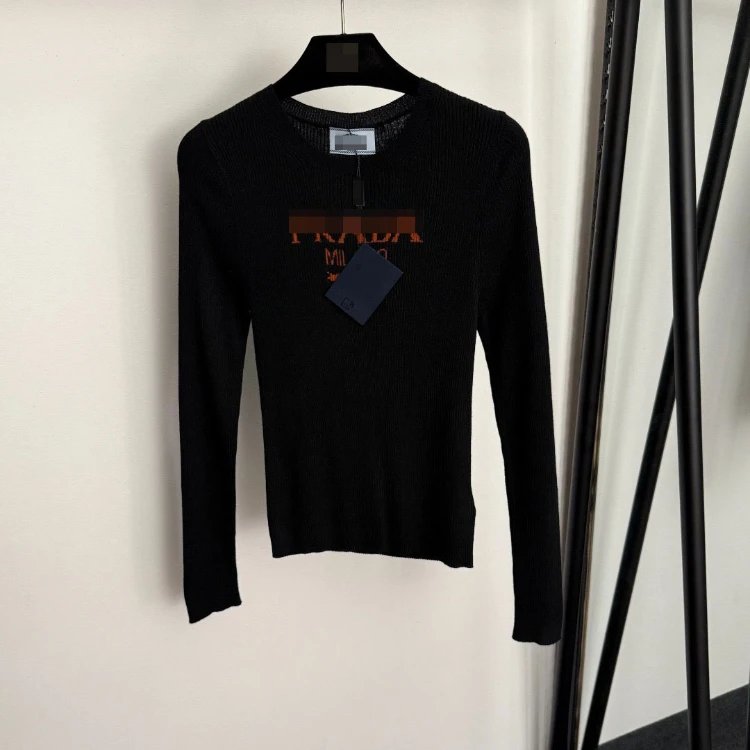 Prada Knitwear Ribbed crew-neck long-sleeve logo knit top — Black