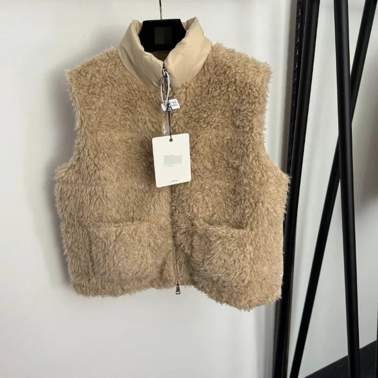 Moncler Vests Teddy Fleece Zip Vest with Padded Collar — Apricot color
