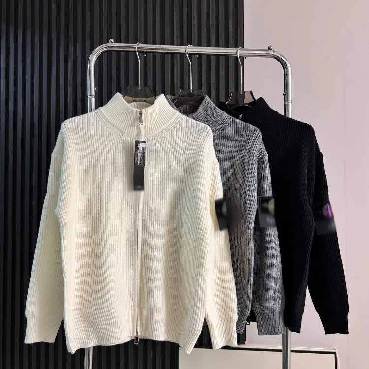 Stone Island Full Zip Ribbed Knit Sweater with badge