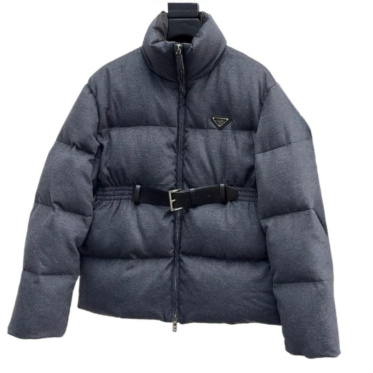 Prada Down Jackets Belted stand-collar puffer jacket — gray