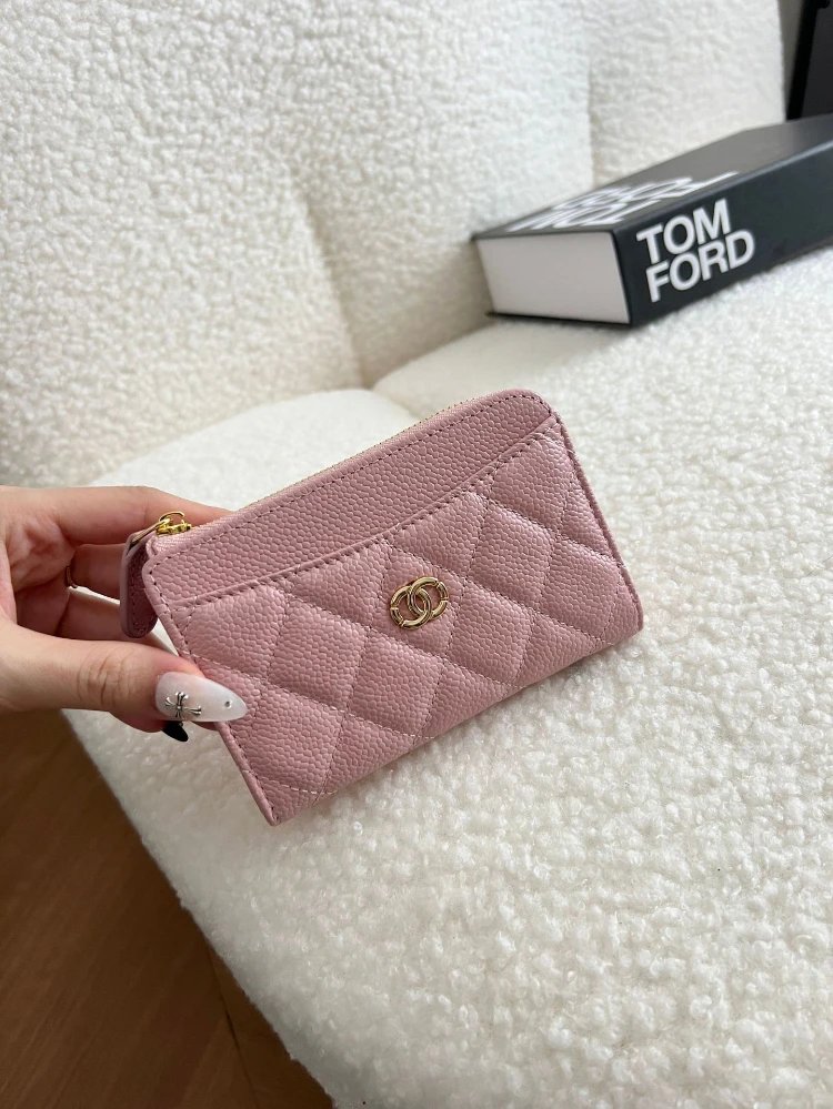 Chanel Mini Wallet On Chain Pink Quilted Caviar Leather Card Holder