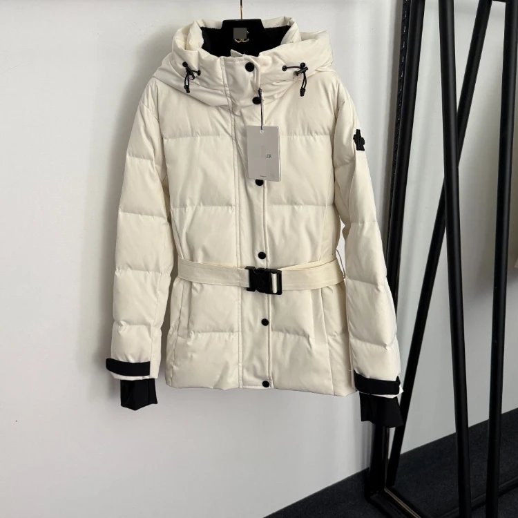 Moncler Down Jackets Belted hooded padded jacket with contrast cuffs — white